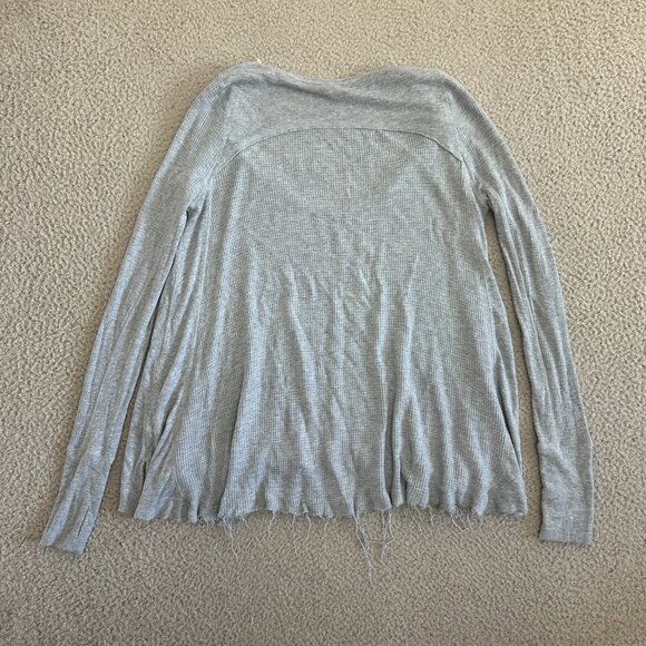 Free People Waffle Knit Top Boat Neck Shirt High Low Raw Hem Blue - Picture 12 of 16